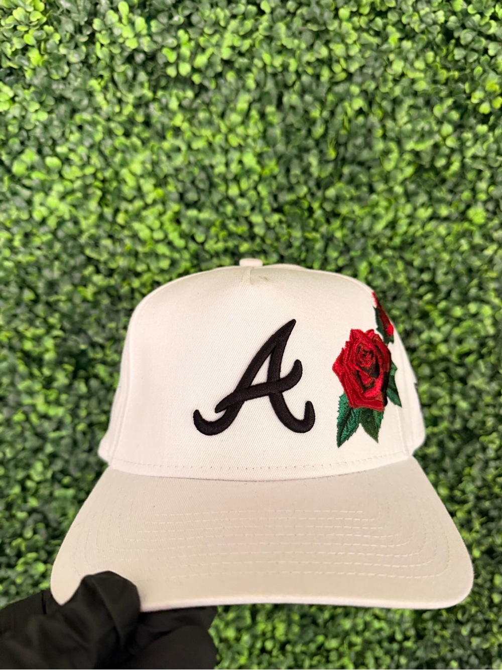 White Baseball Cap with Black 'A' and Red Rose Embroidery